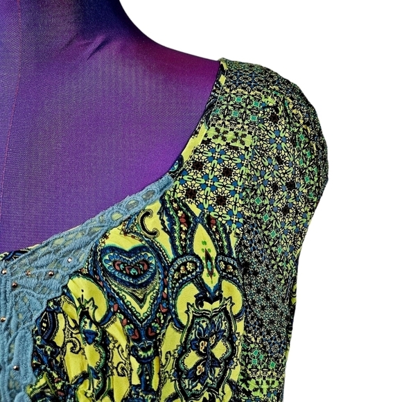 Unity World Wear Bohemian Style Blouse Chartreuse &‎ Navy Size Medium Women's - Picture 2 of 10